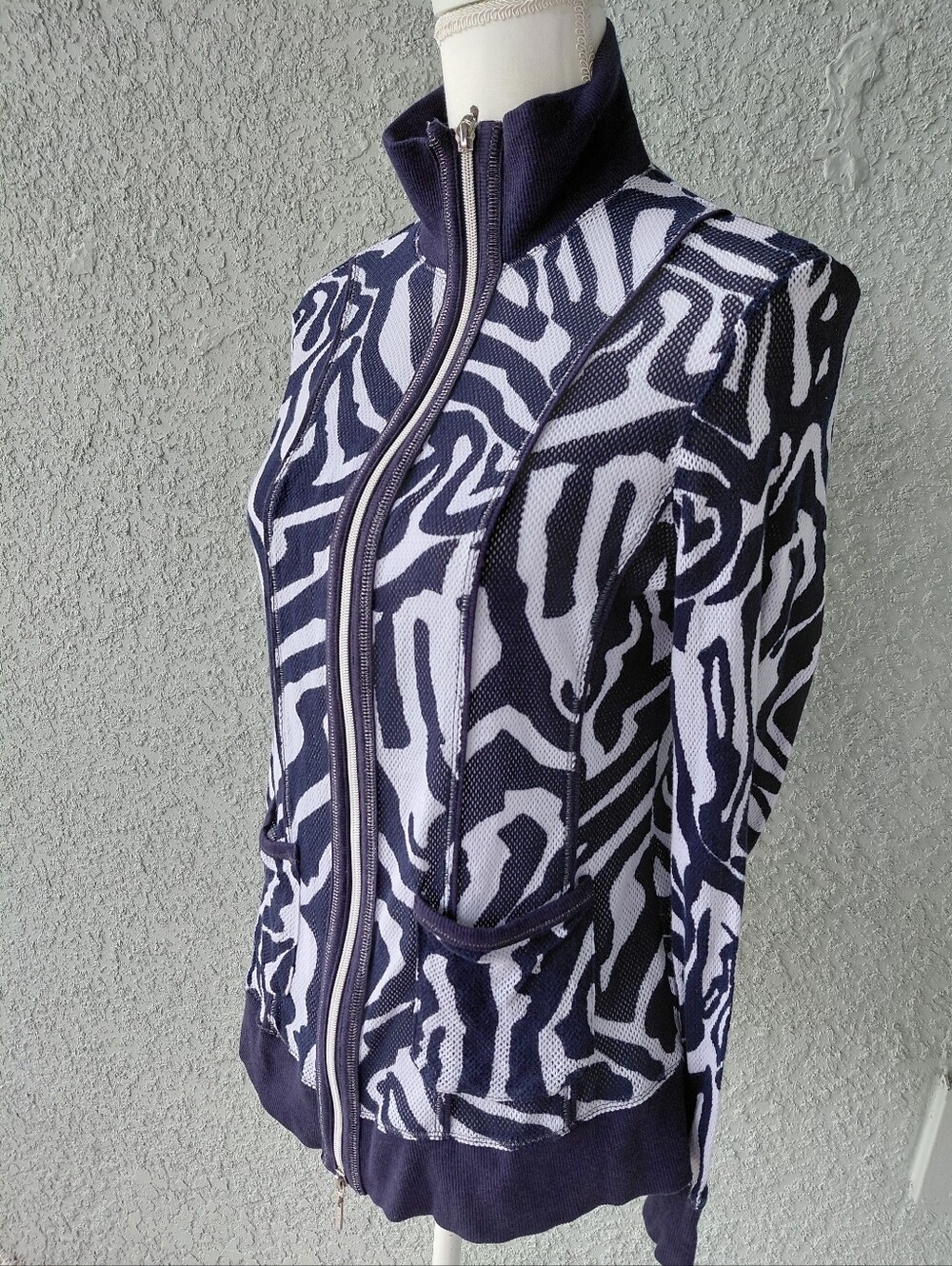 BYLYSE Navy White Zebra Print Full Zip Jacket Women's Large 100% Cotton